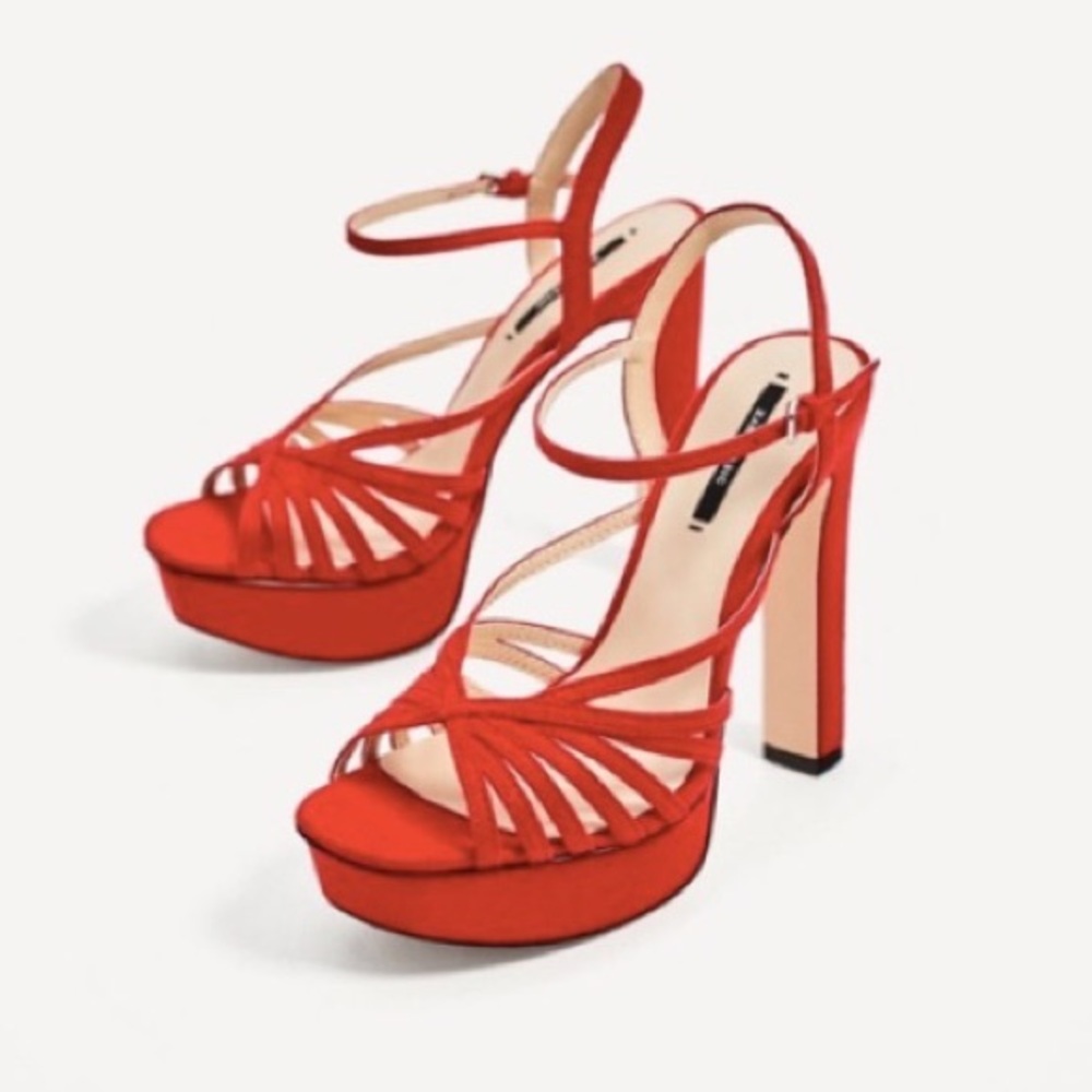 Zara Red Retro Platform Cage Sandal Heels 8